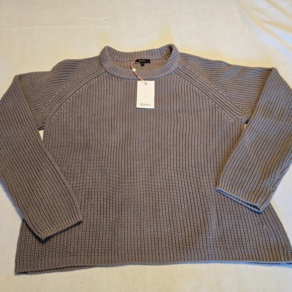 Quince Gray Brown Cable L NWT 100% Organic Cotton Ladies Fisherman Crew Sweater - Picture 1 of 16